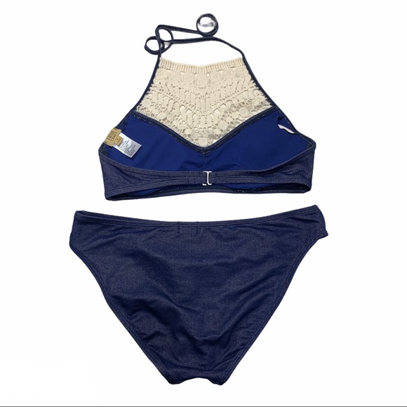 HP {TRUE CRAFT} BLUE 2 Pc Bohemian Lace High Neck Bikini Large - Picture 7 of 16